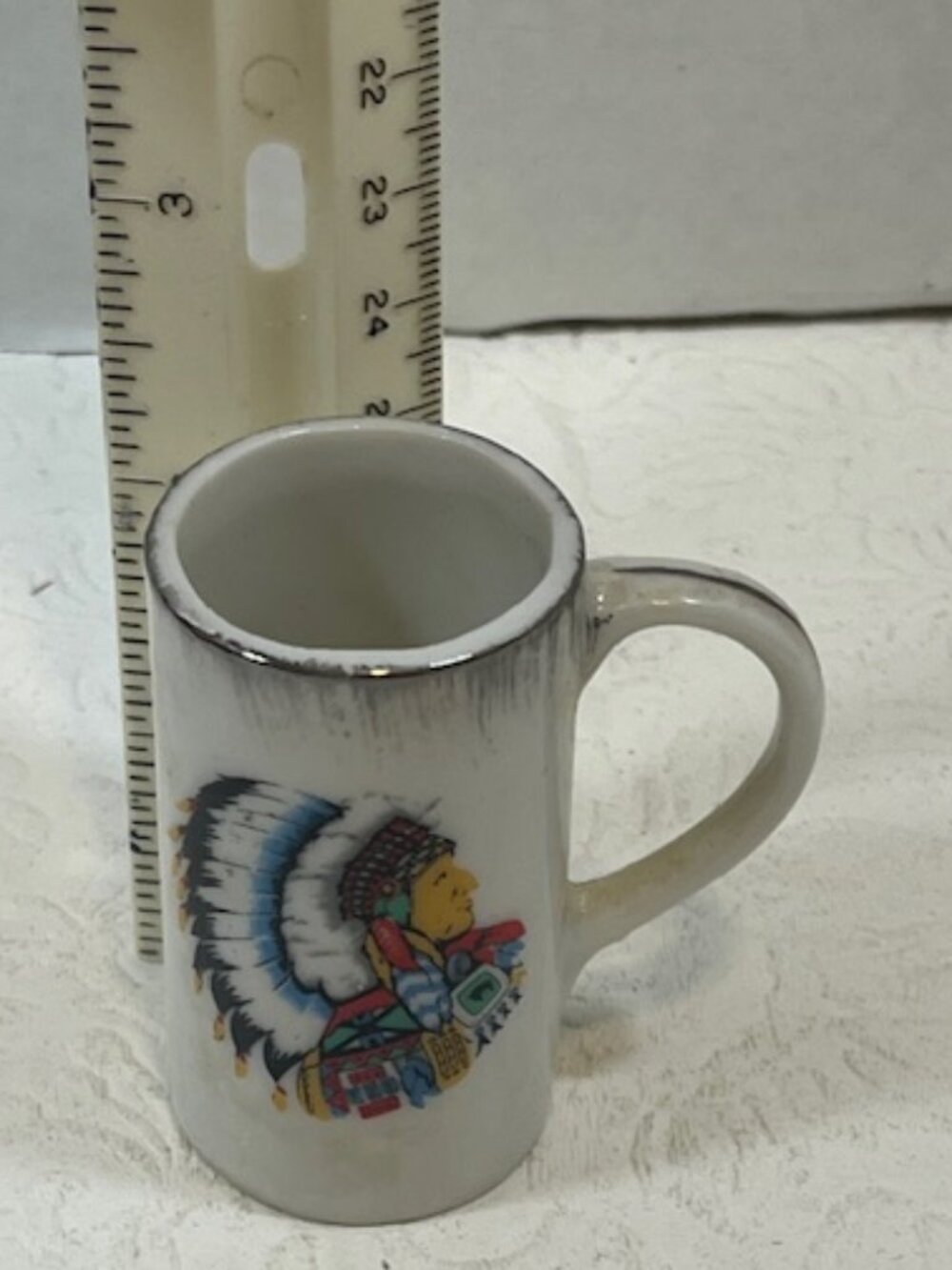 VTG White Souvenir Mini Mug Stein Native American Chief w/Headdress Ceramic2.25"